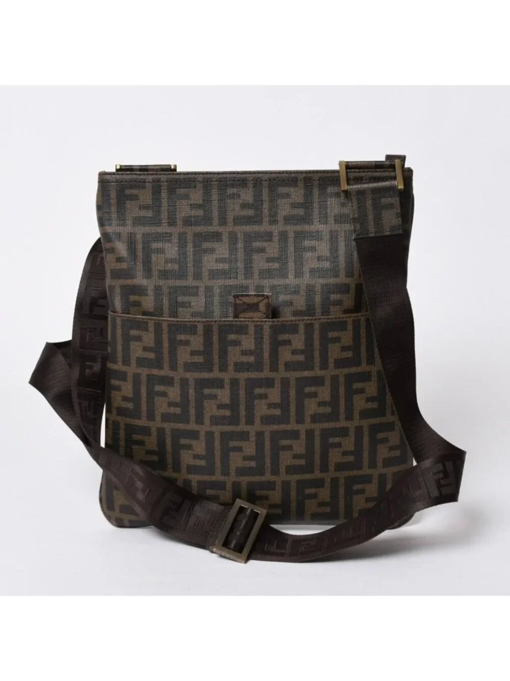 Fendi Shoulder Bag Zucca Pattern FF Logo Brown Black Gold